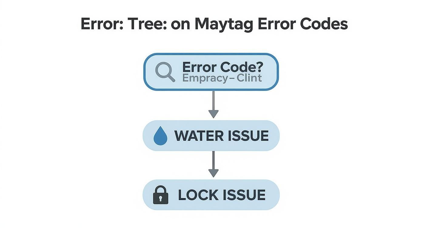 Maytag error codes troubleshooting flowchart showing steps for error code, water issue, and lock issue.