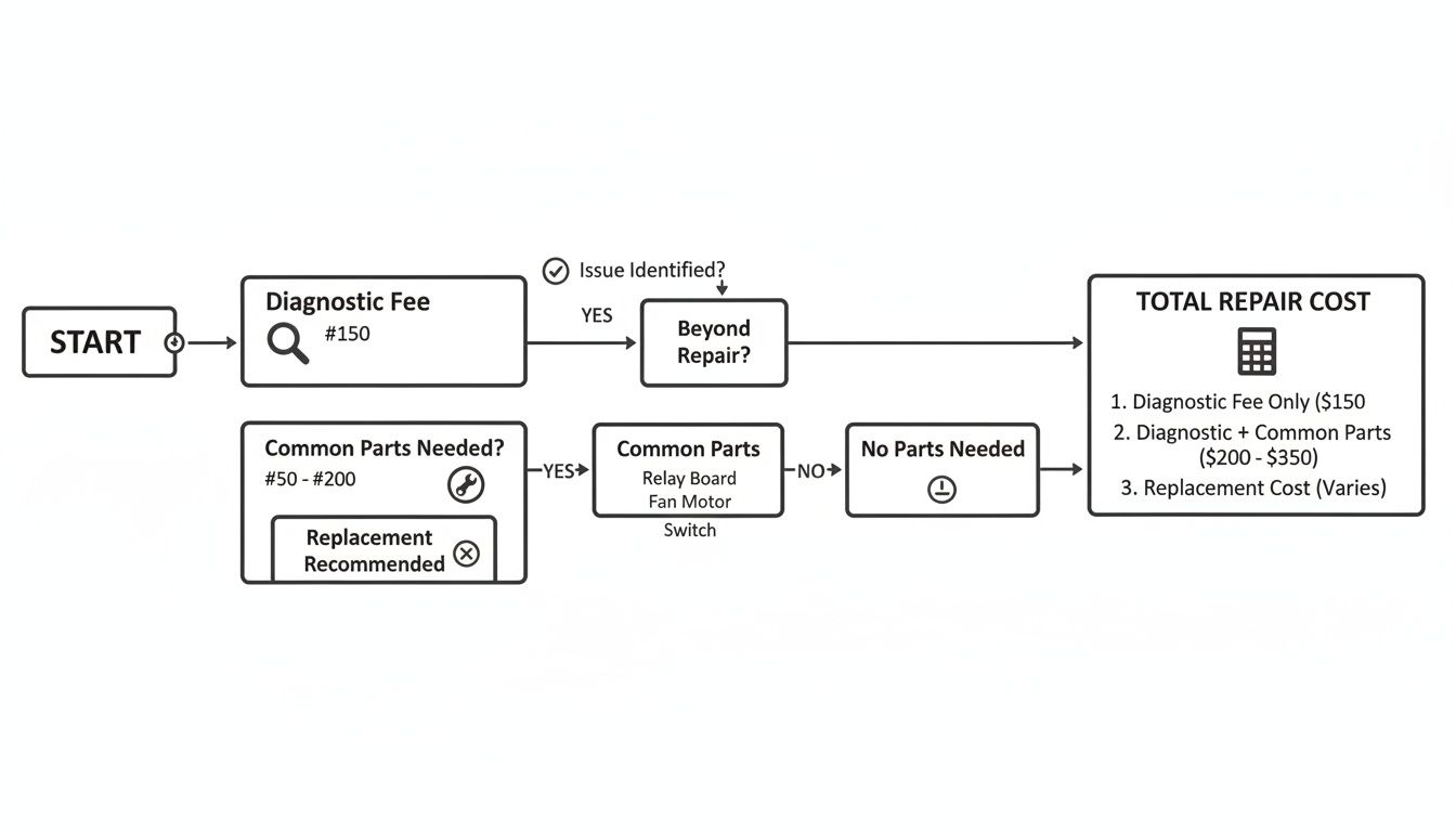 Flowchart detailing appliance repair diagnostic fees, common parts, replacement recommendations, and total costs.