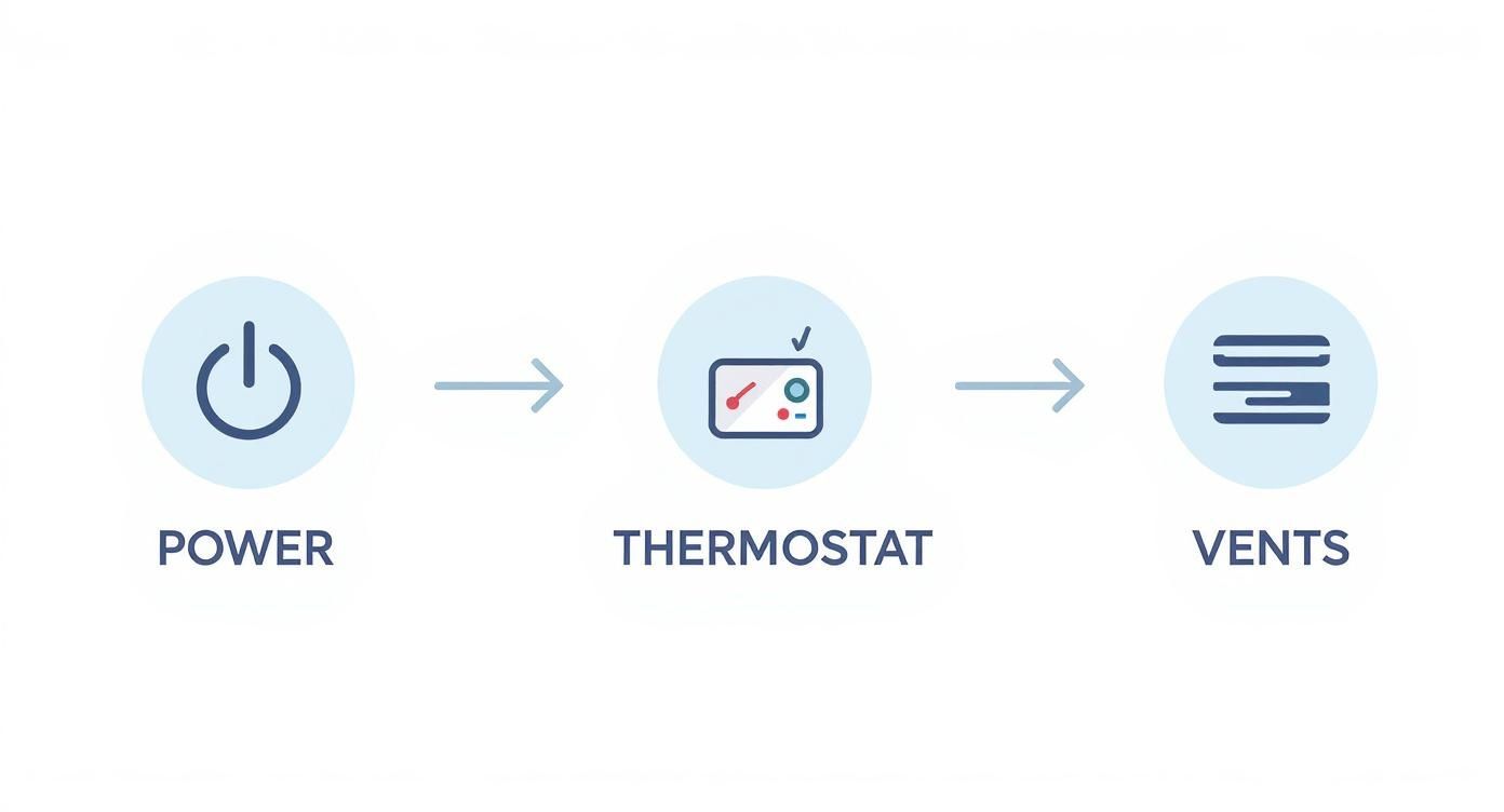 Refrigerator troubleshooting diagram showing power button, thermostat control panel, and air vents in sequence