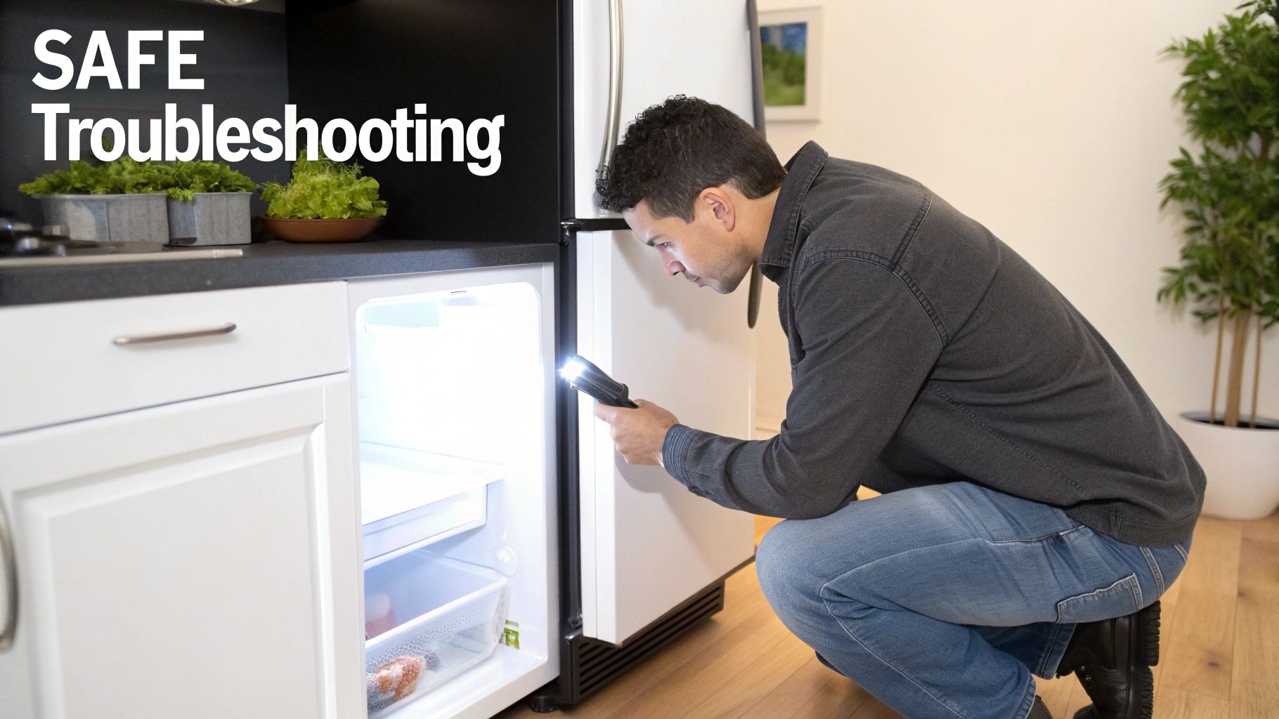 A man uses a flashlight to inspect an open mini-fridge in a kitchen, troubleshooting a problem.