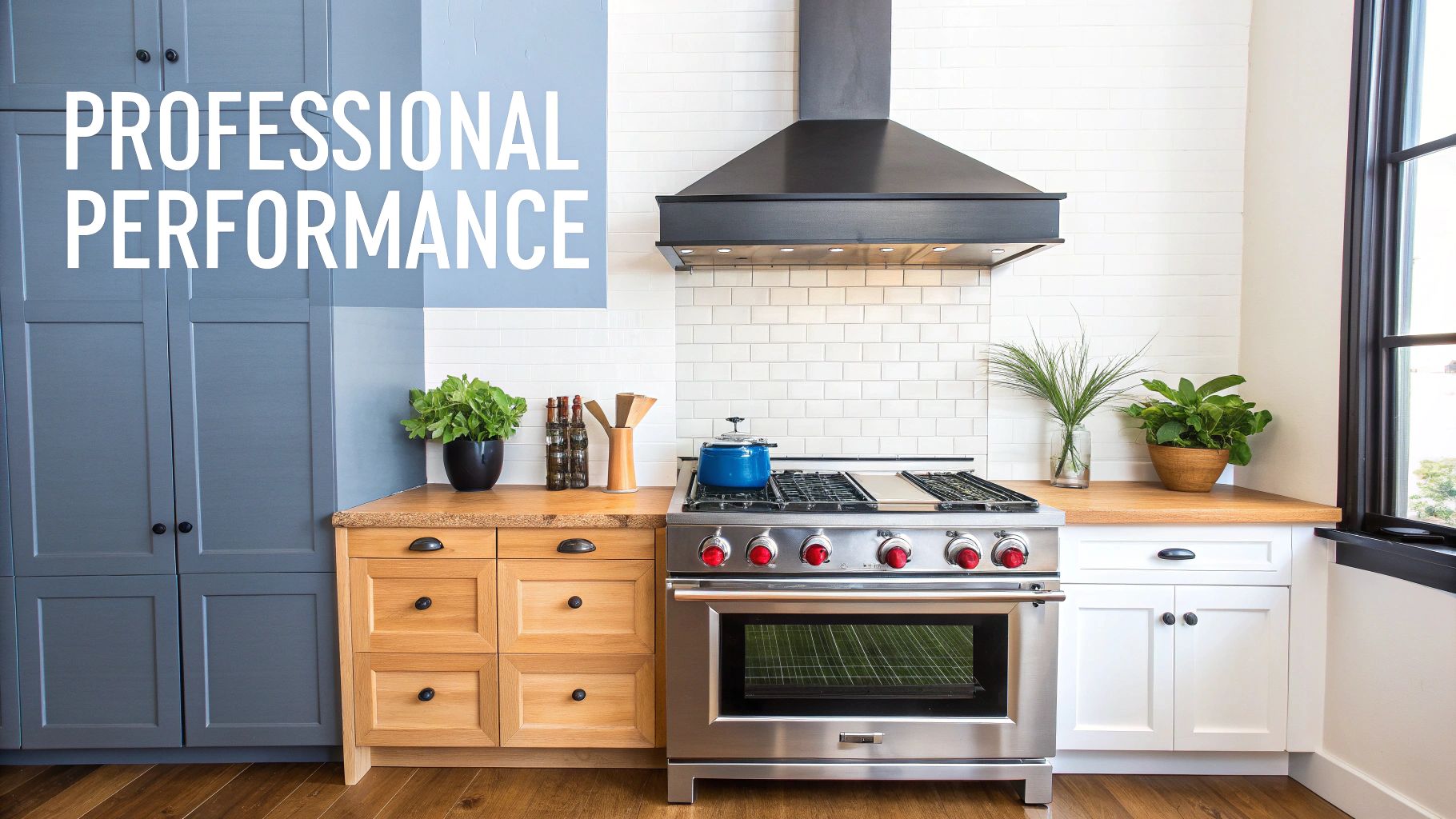 A modern kitchen with a stainless steel range, black hood, and blue-gray cabinets.