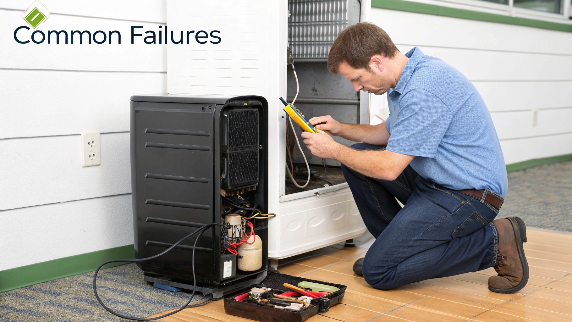 A technician kneels, intently inspecting an appliance's internal components with a diagnostic tool, with a toolbox nearby.