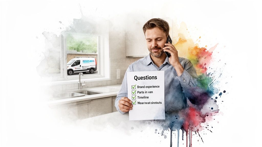 Man on phone reviews checklist for choosing an appliance repair technician, with a service van visible.
