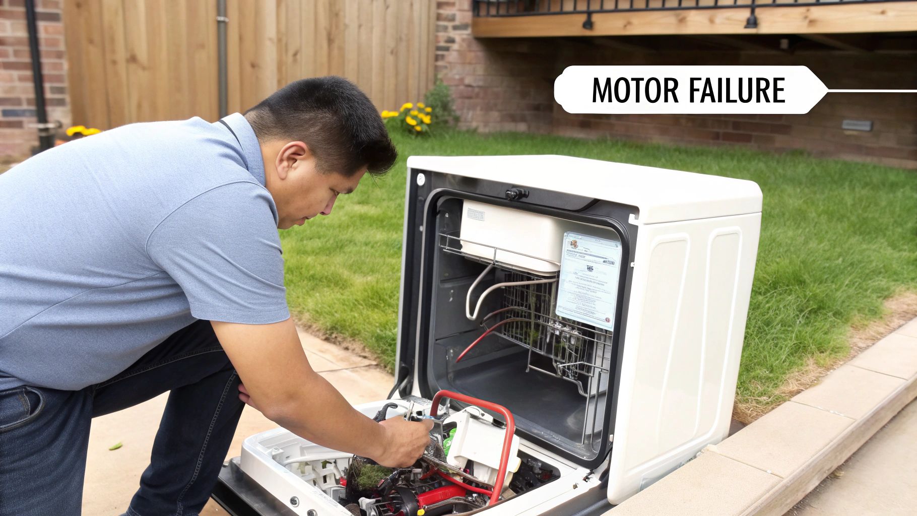 A technician inspects the motor of an open dishwasher outdoors, with a "MOTOR FAILURE" label.