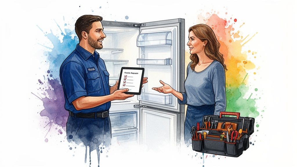 A smiling technician shows a completed fridge repair checklist on a tablet to a woman, with a toolbox nearby.