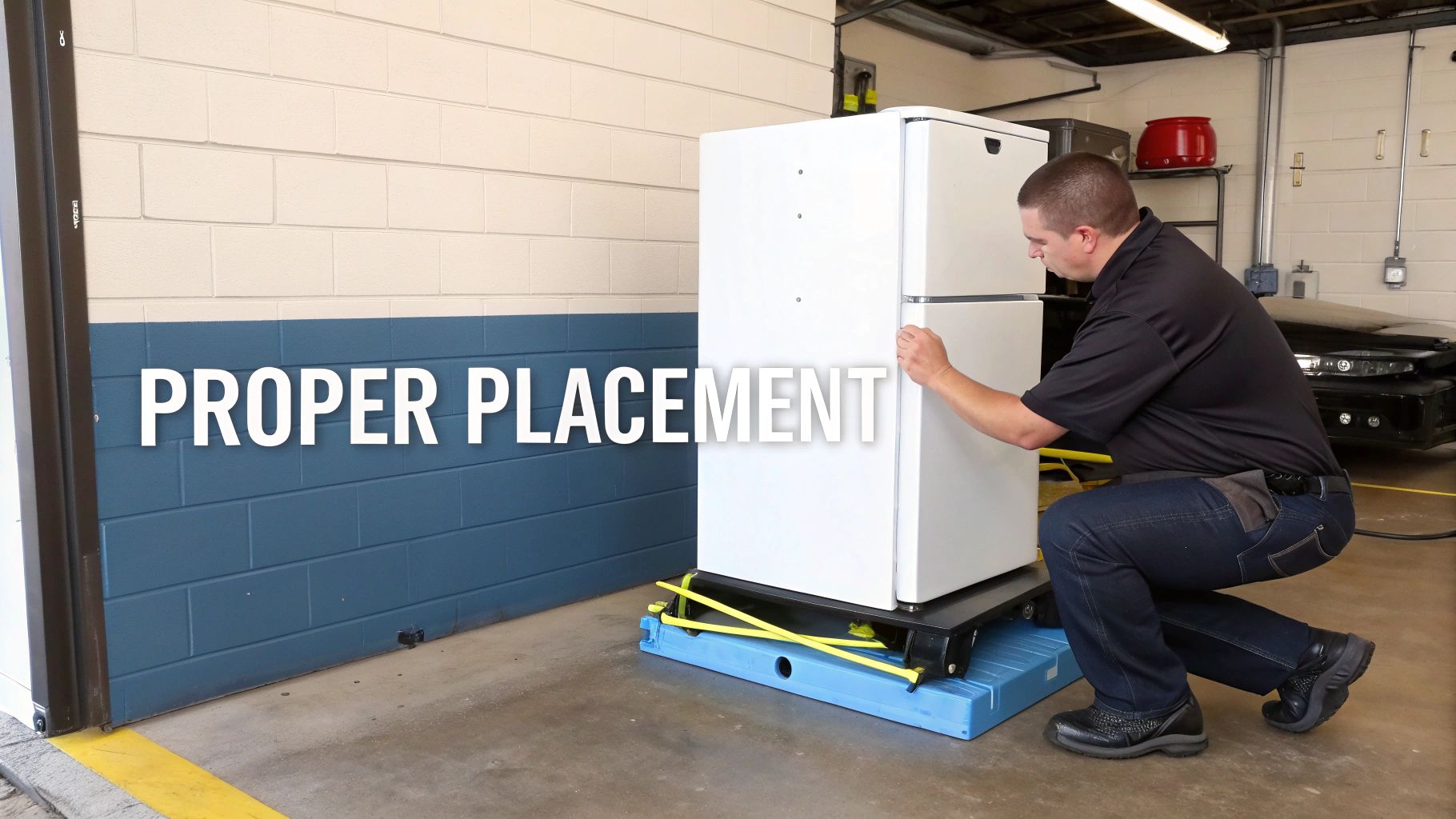 A man adjusts a white refrigerator on a blue moving dolly against a brick wall.