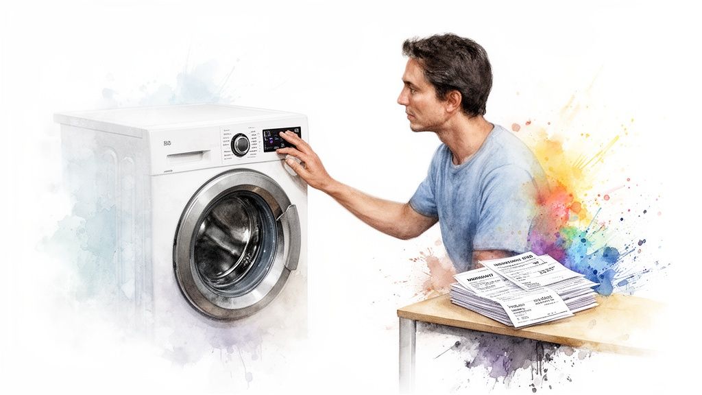 A man in a blue shirt operates a white washing machine, with papers on a table nearby.