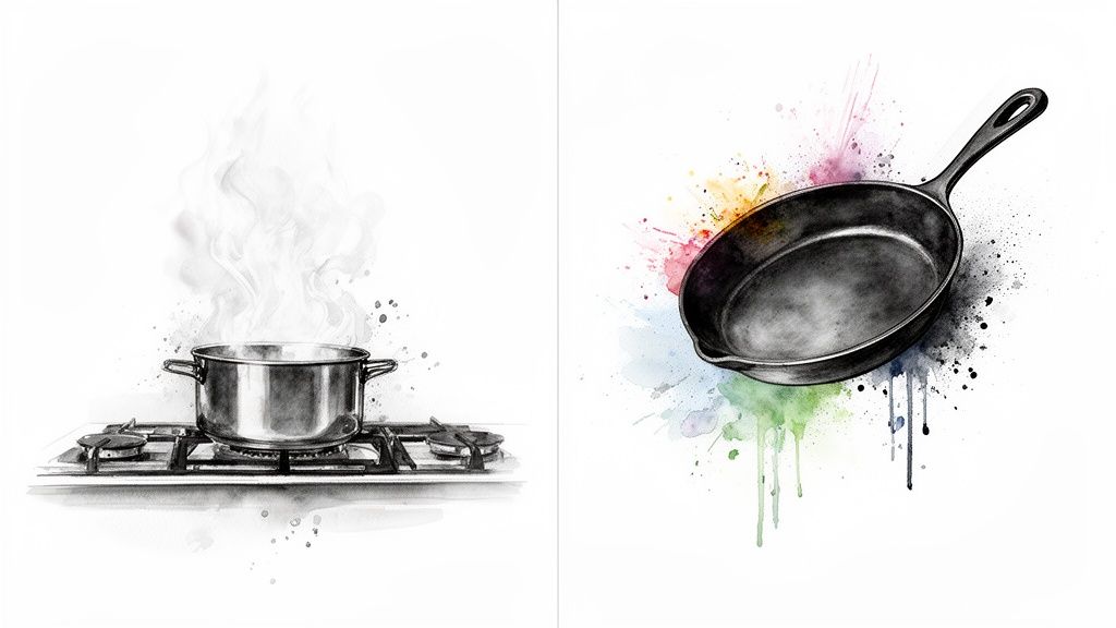 Split image: a steaming pot on a gas stove in black and white, and a cast iron skillet with colorful paint splashes.
