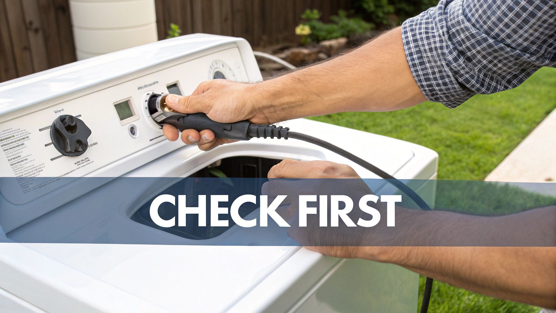 A person connects a water hose to an outdoor washing machine control panel on a sunny day.