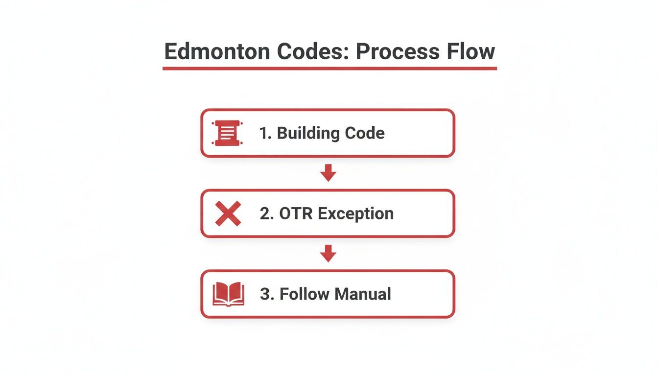 A process flow chart for Edmonton codes, showing steps for building code, OTR exception, and following a manual.