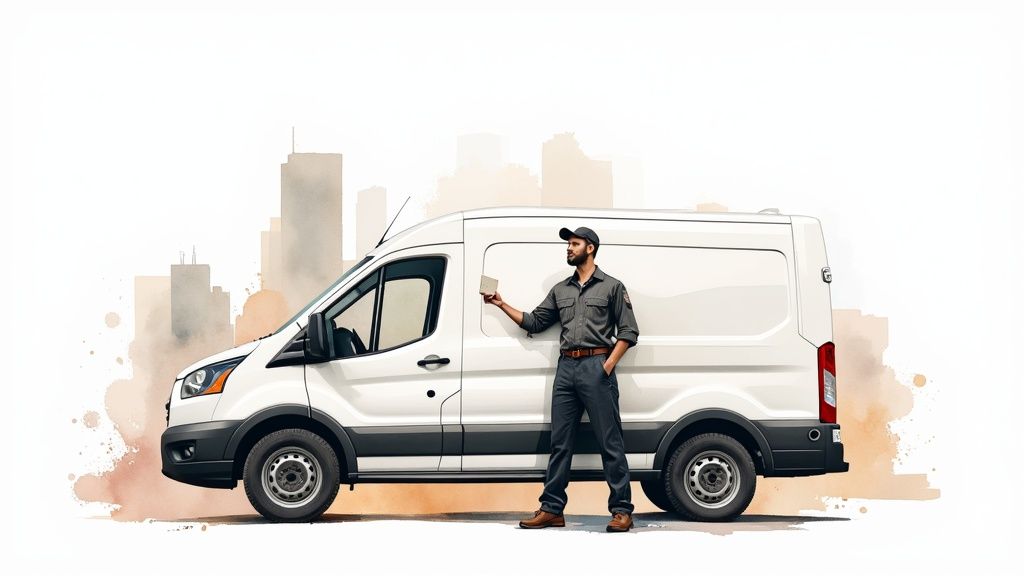 A delivery man stands next to a white van, holding a package, with a city skyline backdrop.