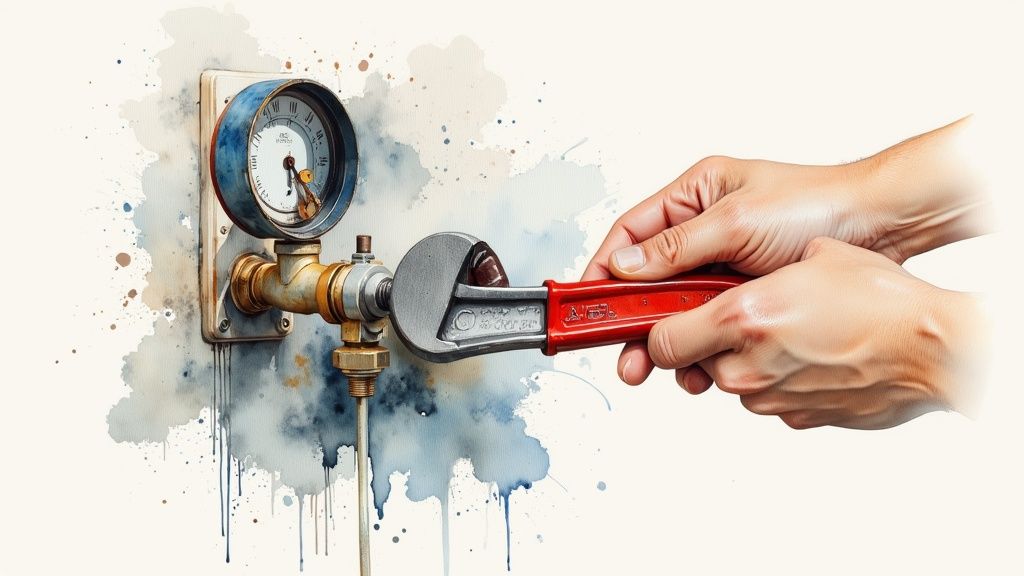Hands using an adjustable wrench to tighten a pipe connection next to a pressure gauge in a watercolor style.