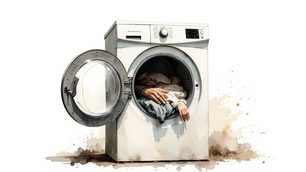 A watercolor illustration of a white front-load washing machine with an open door, a hand reaching for laundry.