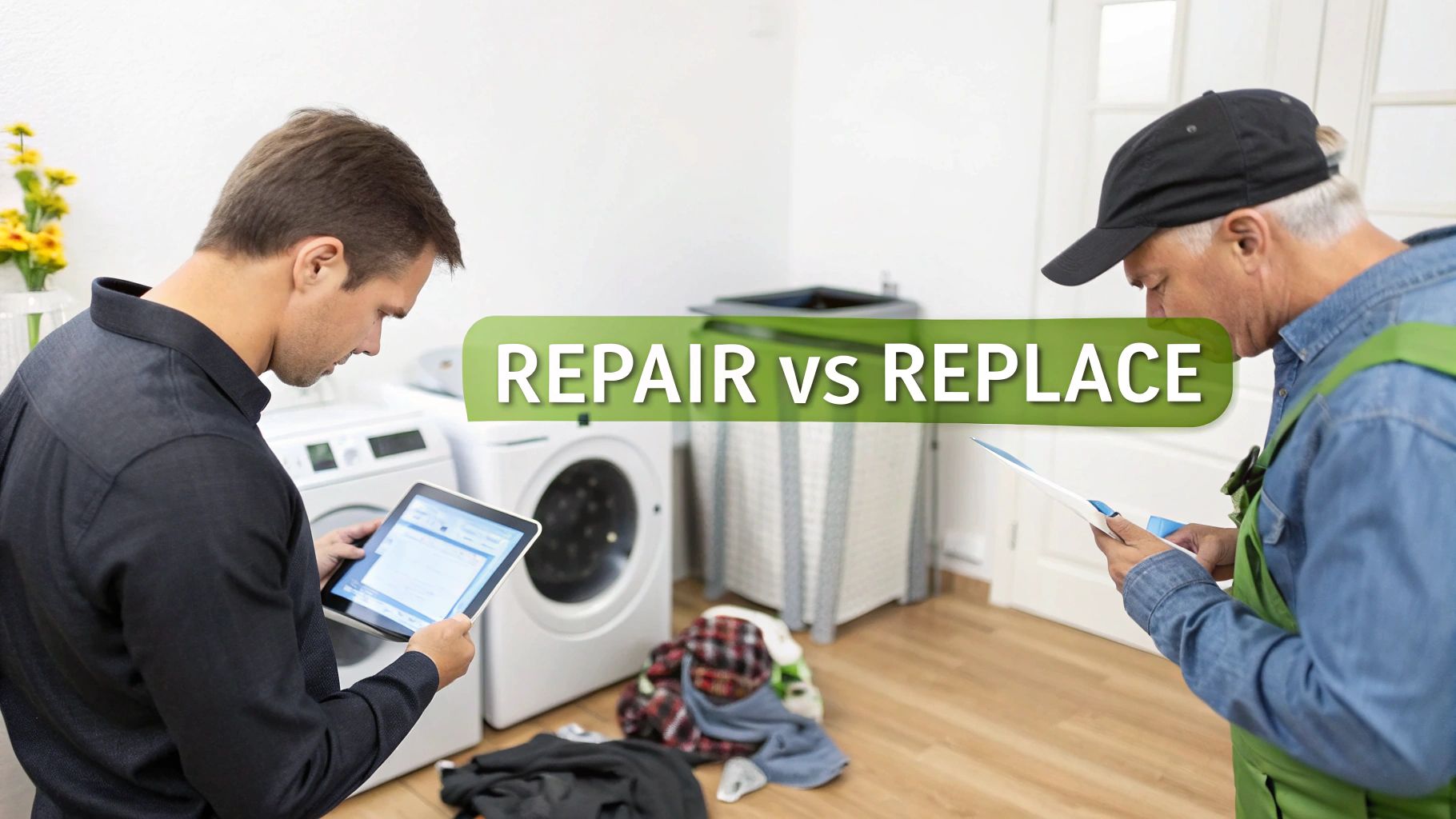 Two men, one with a tablet and one a technician, discussing appliance repair vs replacement.