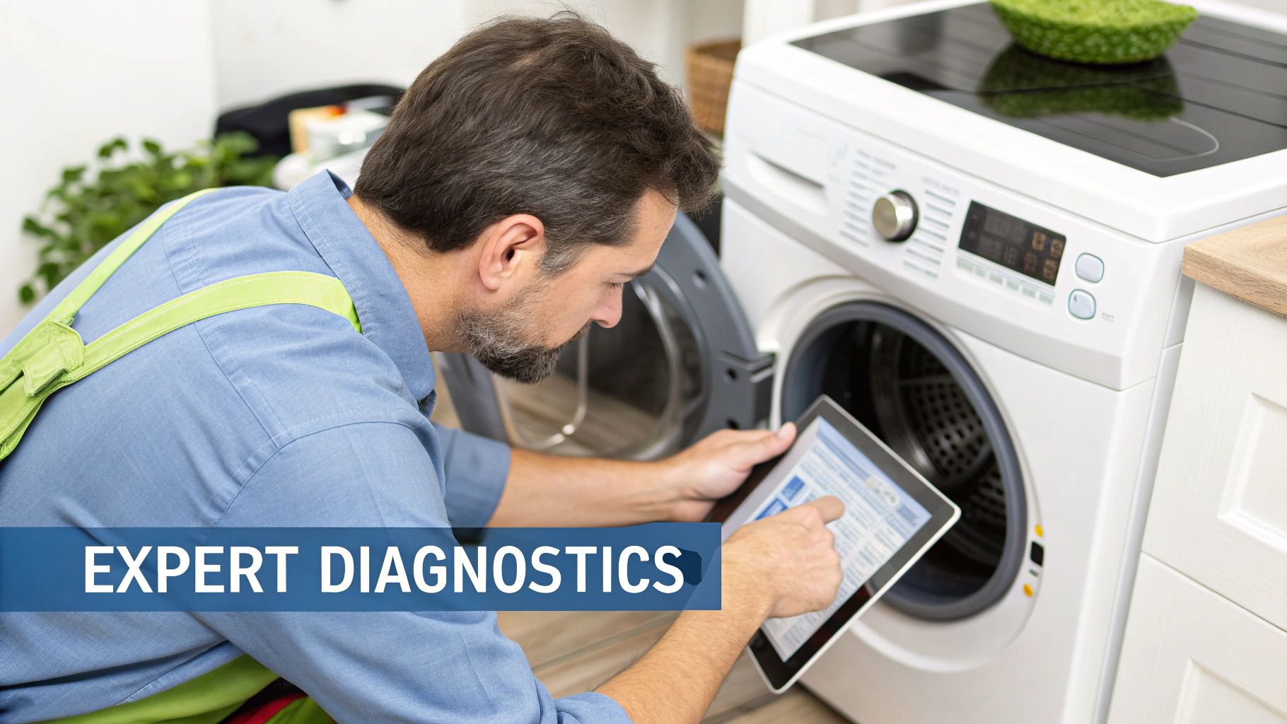 A skilled technician uses a tablet to perform expert diagnostics on a white washing machine.