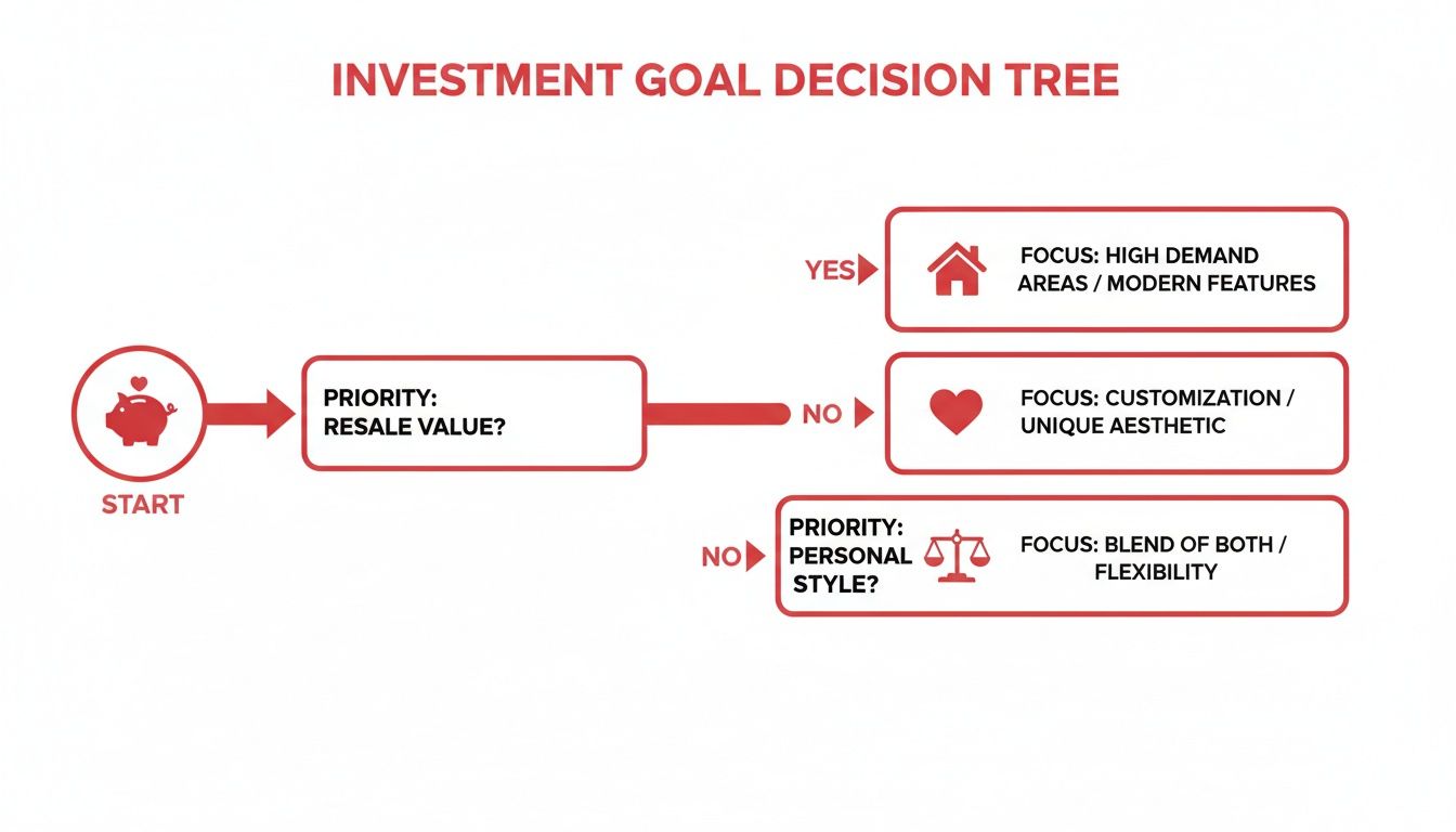 Decision tree illustrating investment goals based on resale value, personal style, and focus areas.
