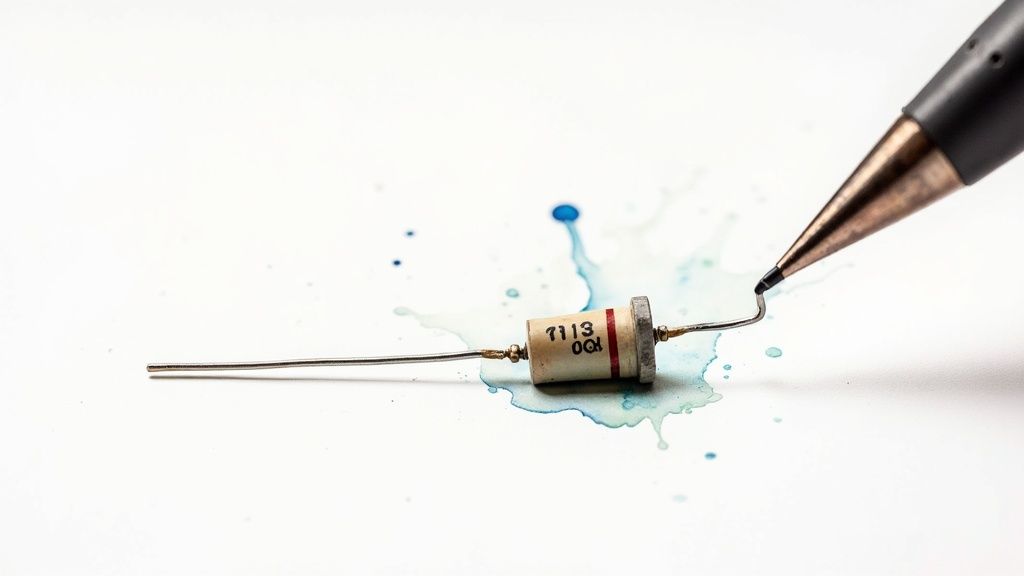 A small vintage electronic component with wires and markings, being held by a pen over blue ink.