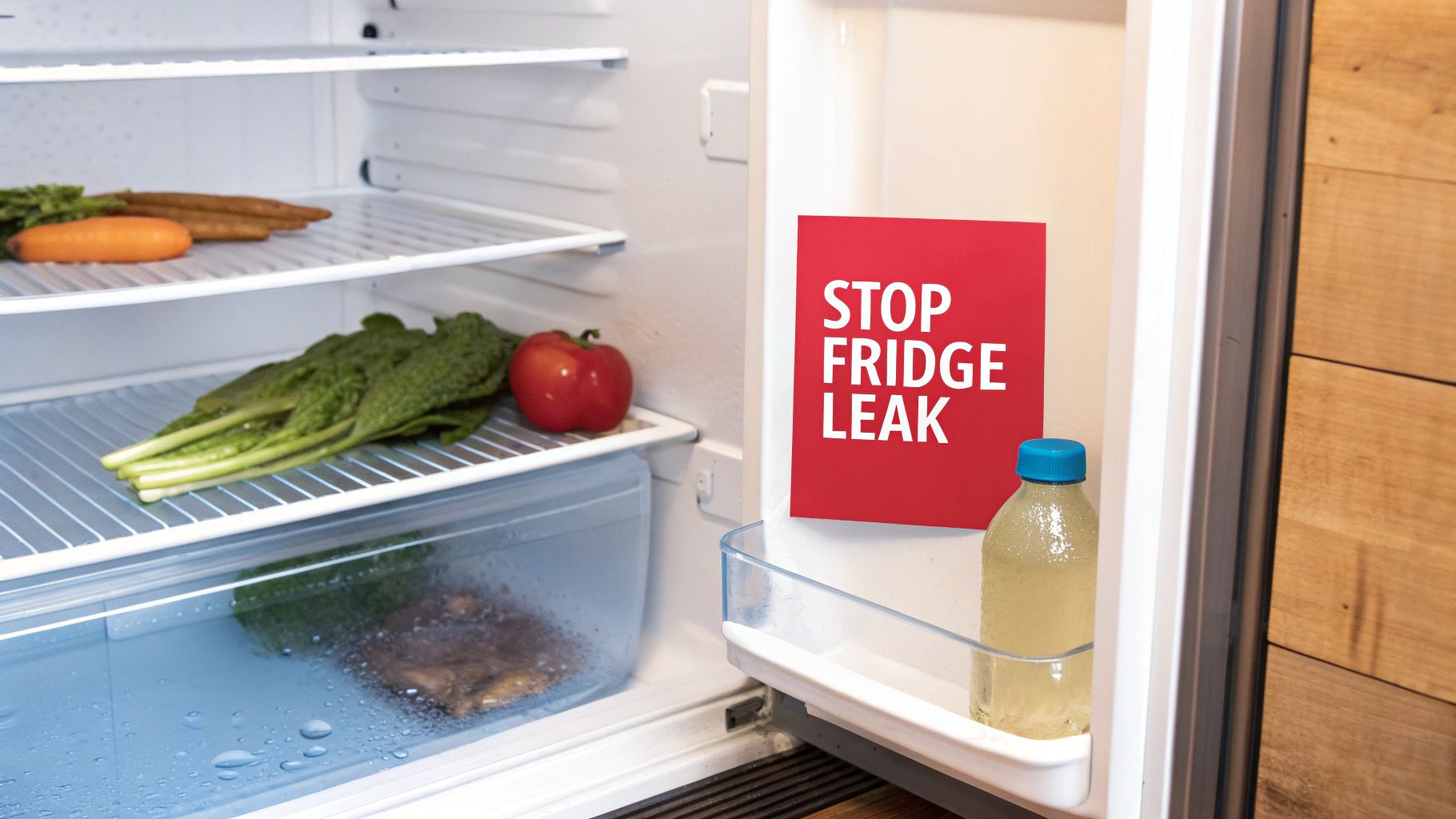 An open refrigerator showing fresh vegetables and a puddle of water, with a red sign warning 'STOP FRIDGE LEAK'.