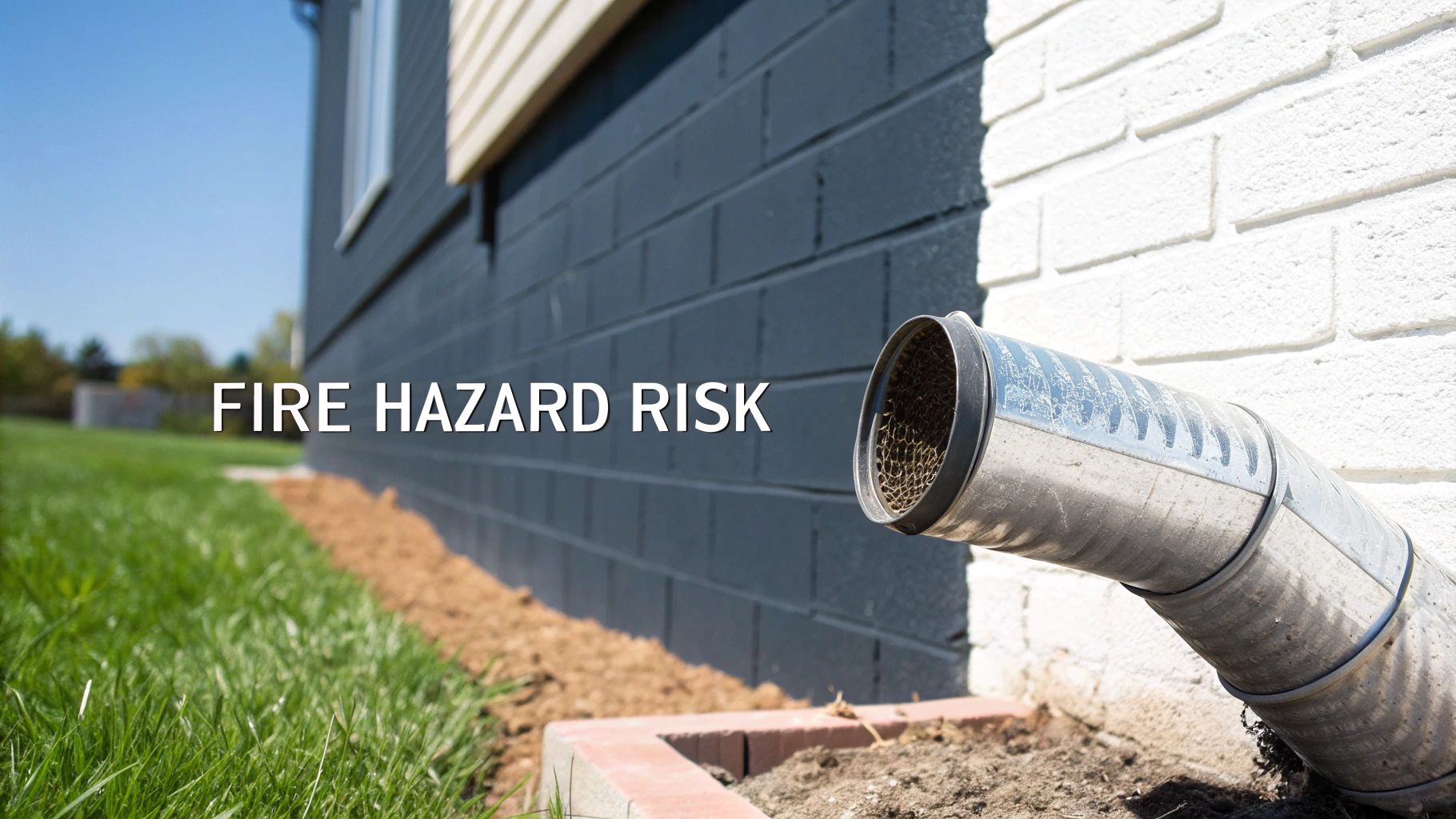 A metal dryer vent pipe exits a building wall near the ground, labeled 'FIRE HAZARD RISK'.