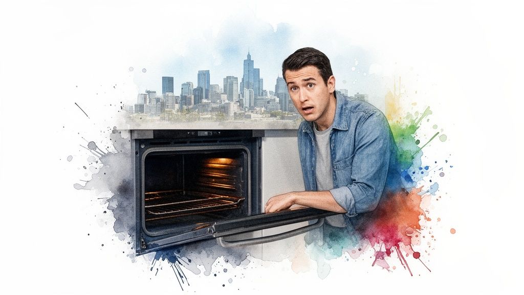 A surprised man opens an empty oven with a city skyline and colorful watercolor splashes.