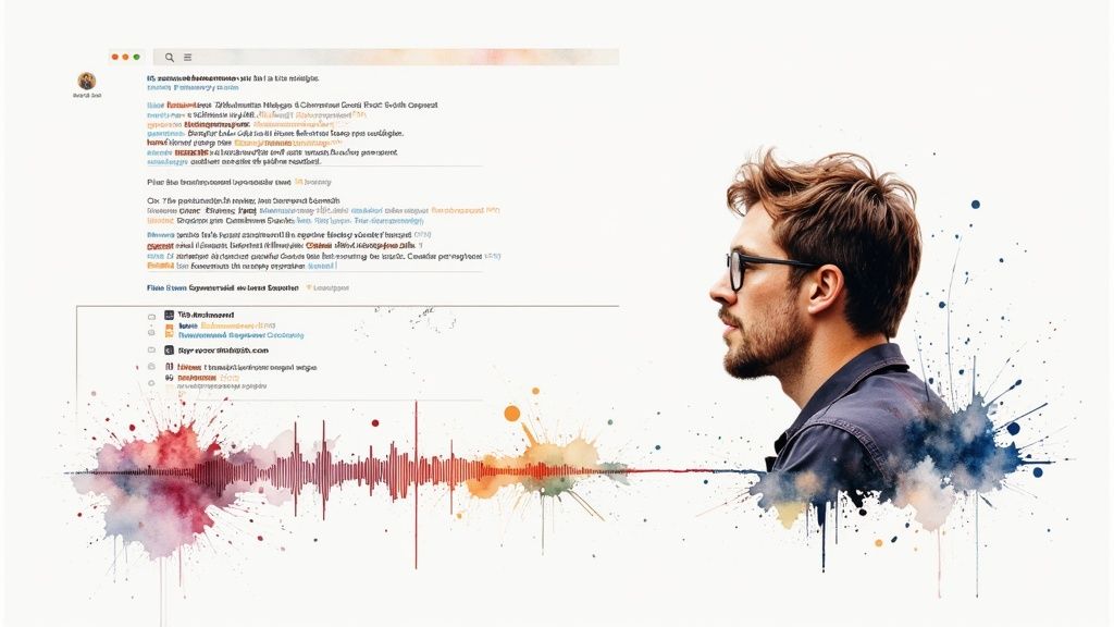A person editing a transcript on a laptop with the audio waveform visible on the screen.