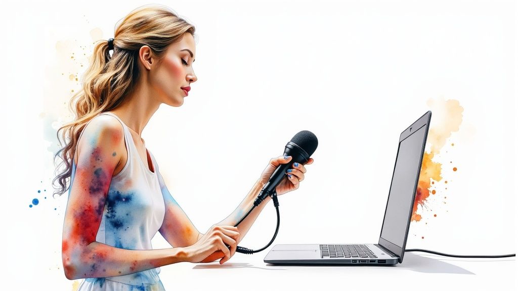 A close-up shot of a professional microphone with a pop filter, ready for recording clear audio.