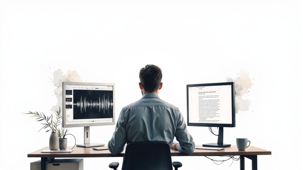 A person at a desk using audio to text converter software, with visual elements showing increased productivity.