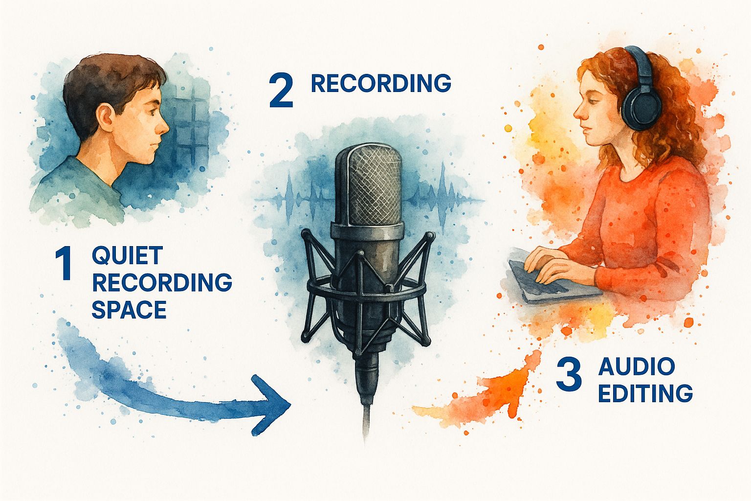 Infographic about preparing audio for accurate transcription in a recording space with a microphone and sound panels