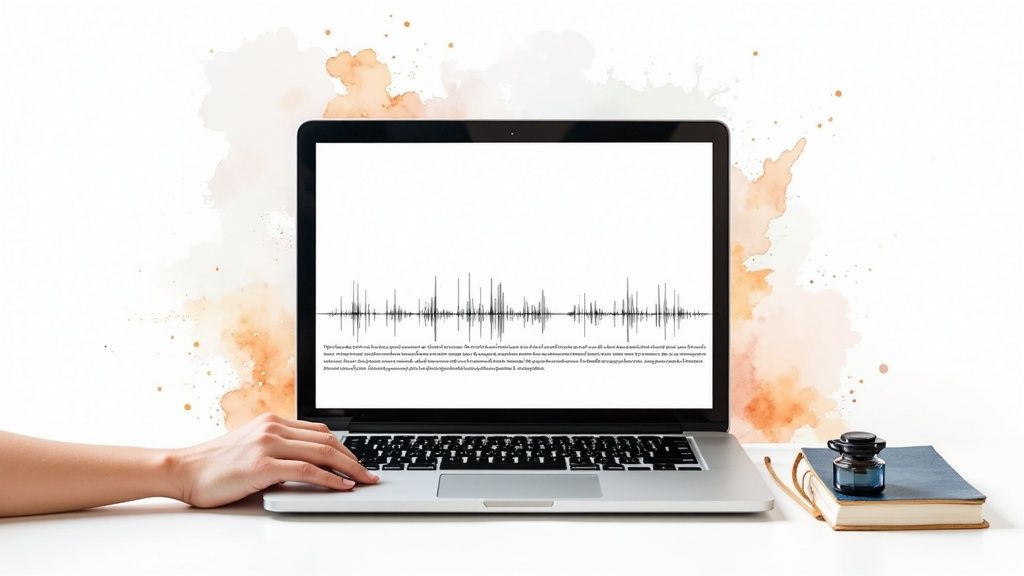 A laptop showing an audio transcription interface with waveforms and text.