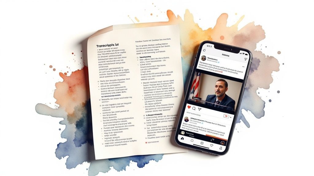 A person repurposing a single audio transcript into various content formats like a blog post, social media quotes, and email newsletters on a digital interface.