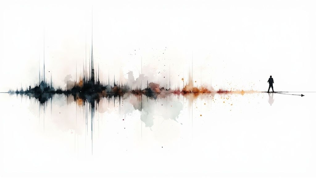 A person typing on a laptop with an audio waveform graphic overlaid, representing audio to text conversion.