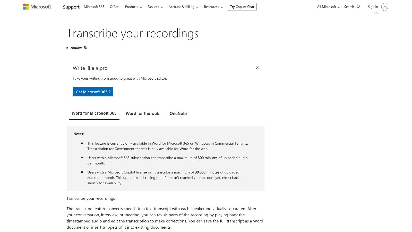 Microsoft Word (Microsoft 365) Transcribe