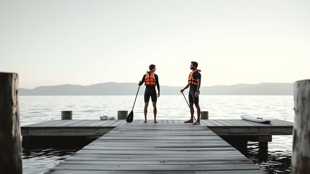 A woman paddle boarding on a calm lake wearing a life jacket