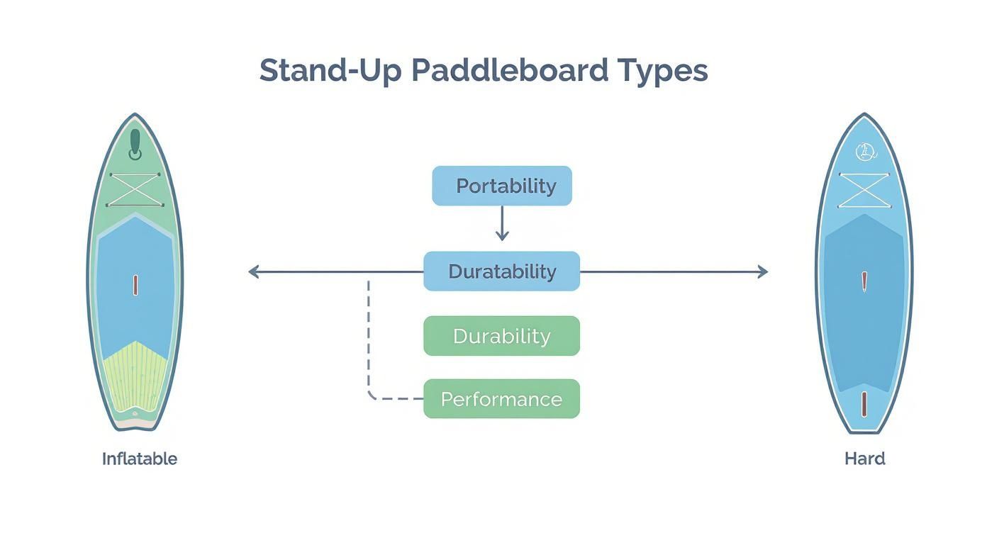 Infographic comparing inflatable and hard paddle boards based on portability, durability, and performance