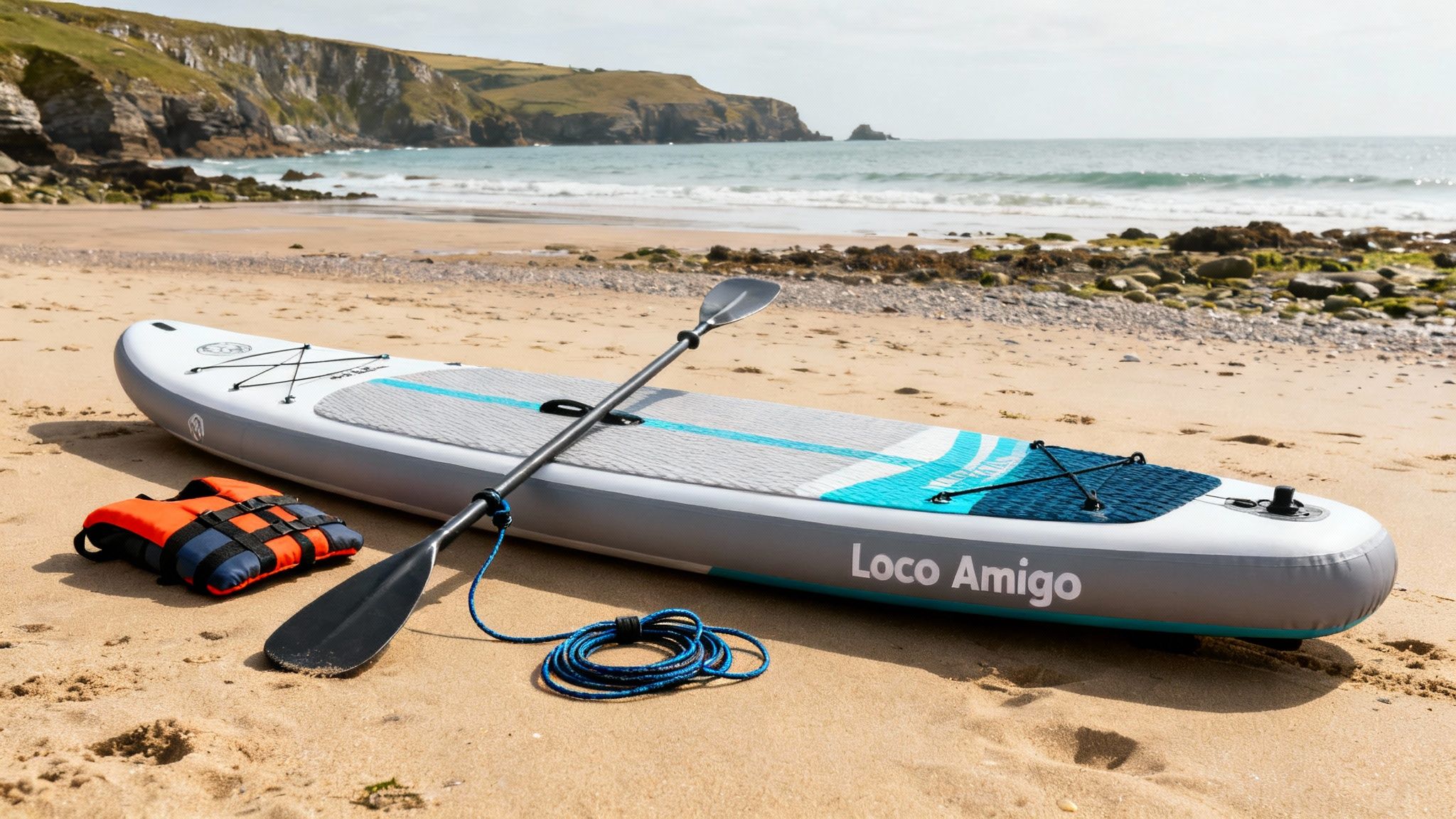 A selection of paddle boarding gear neatly laid out on a wooden deck