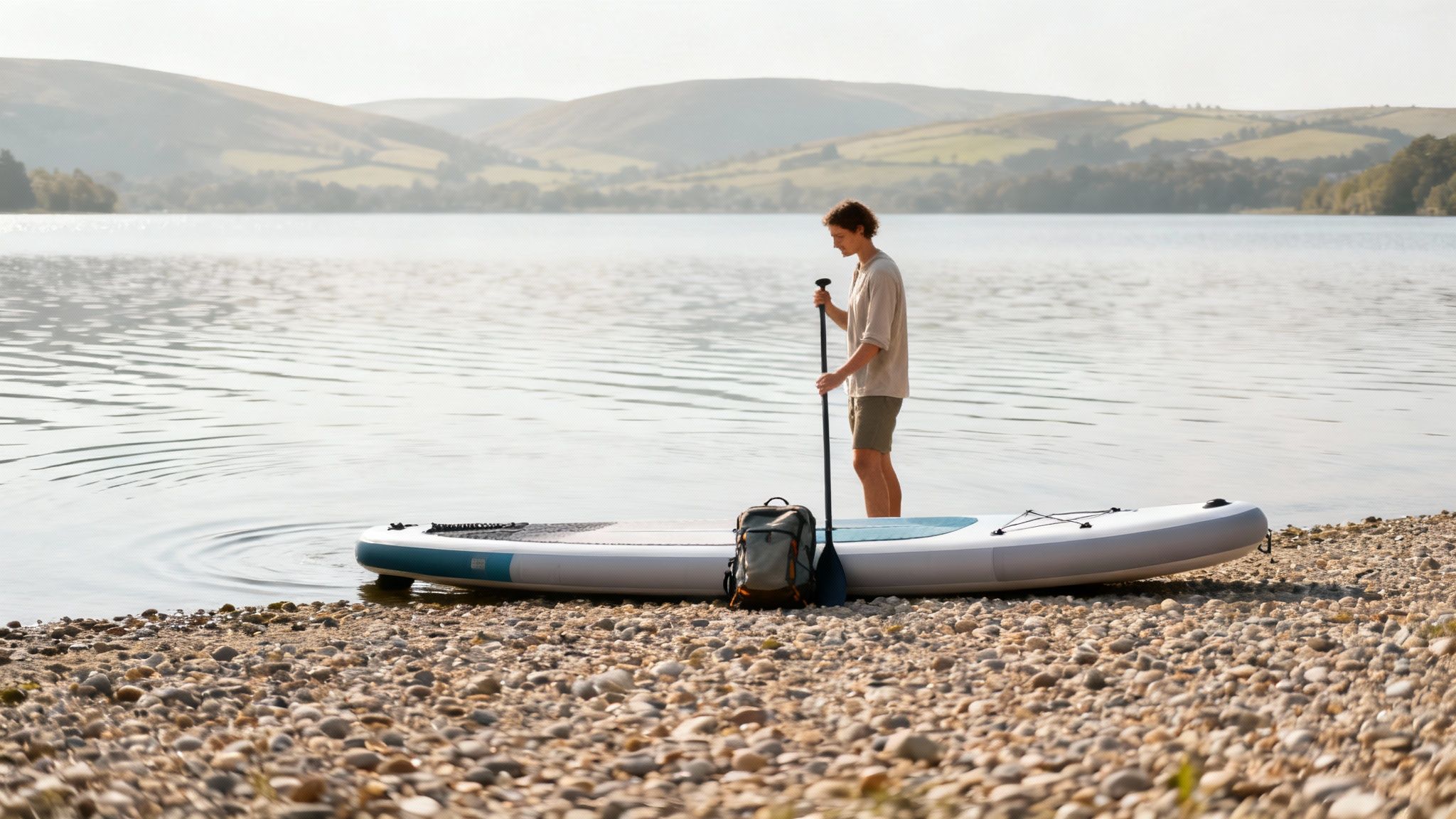 A person paddle boarding on a calm UK lake during sunset