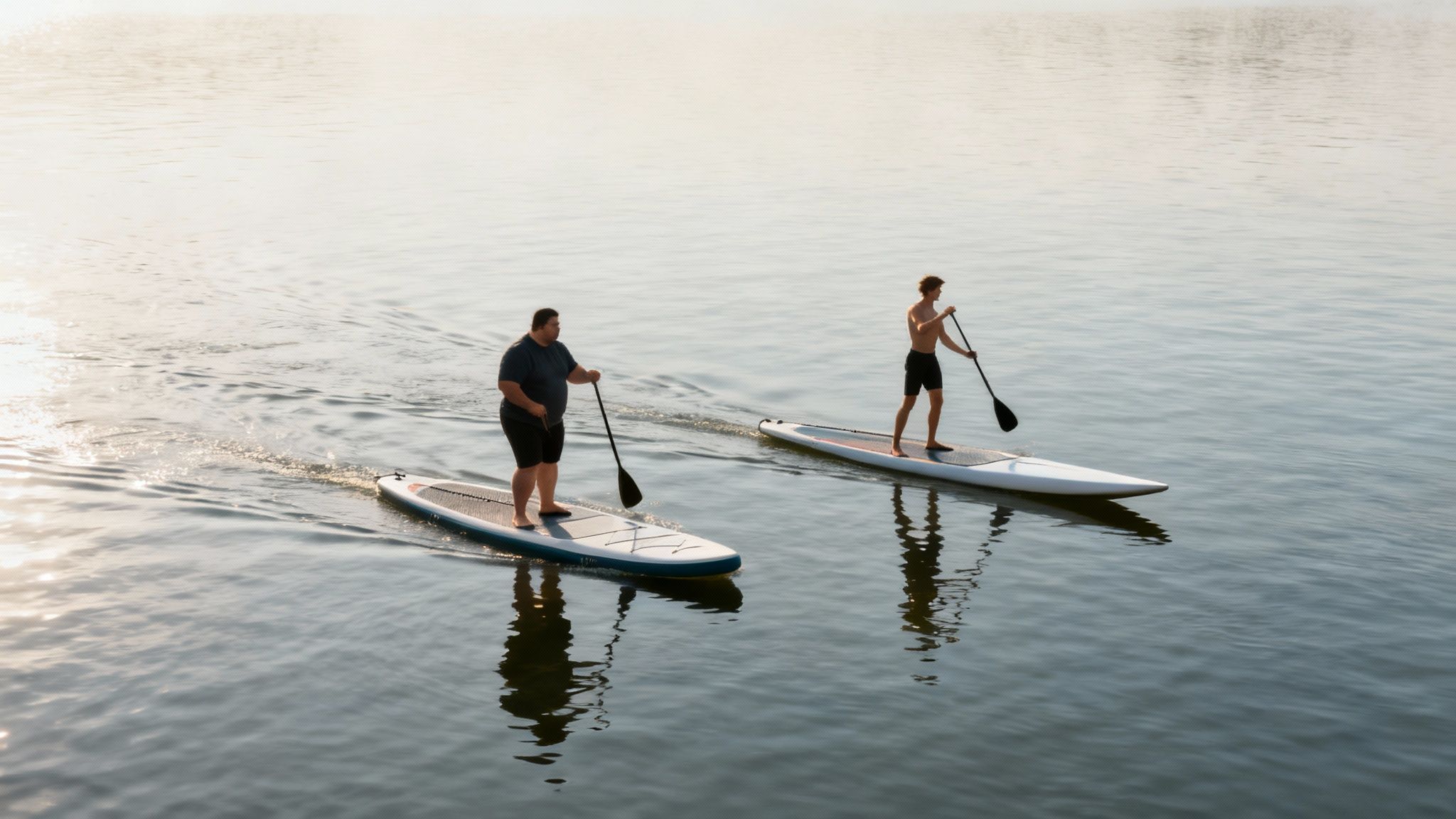 A woman confidently stands on a paddle board, showcasing the stability of a well-chosen board size.
