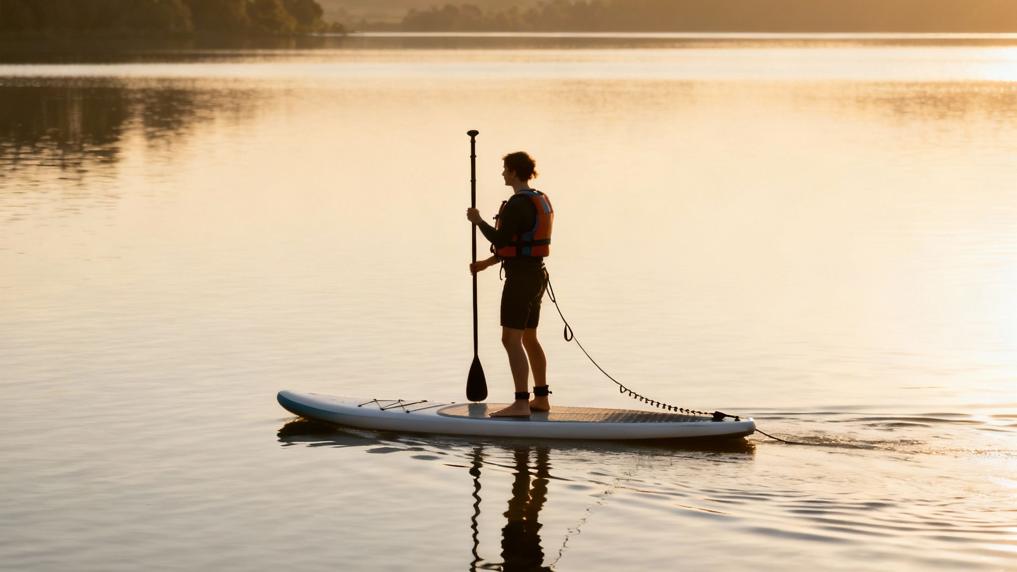 A woman paddle boarding on calm water during the day