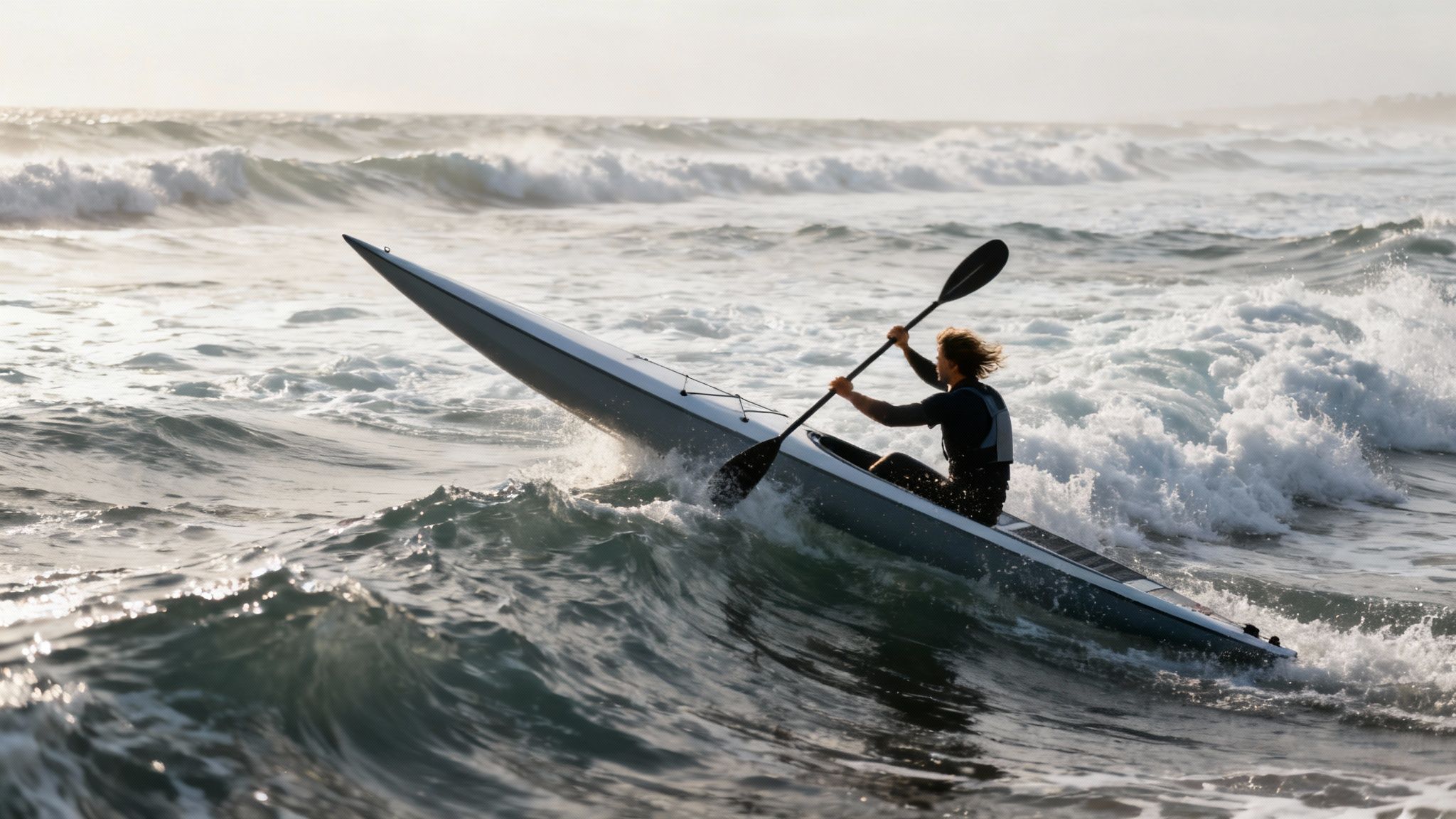 Paddler gliding on a touring paddle board at sunset