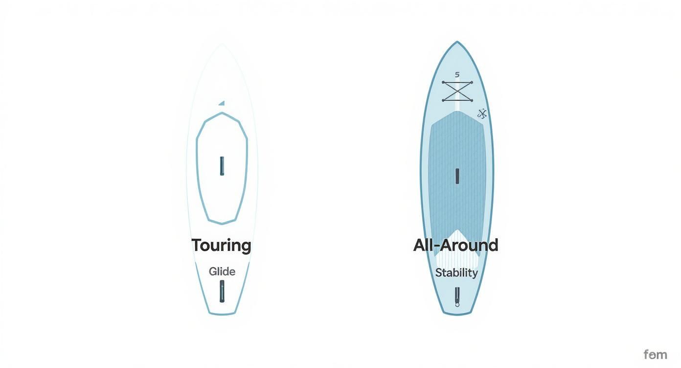 Infographic comparing the design focus of touring paddle boards (glide, distance) versus all-around paddle boards (stability, fun)