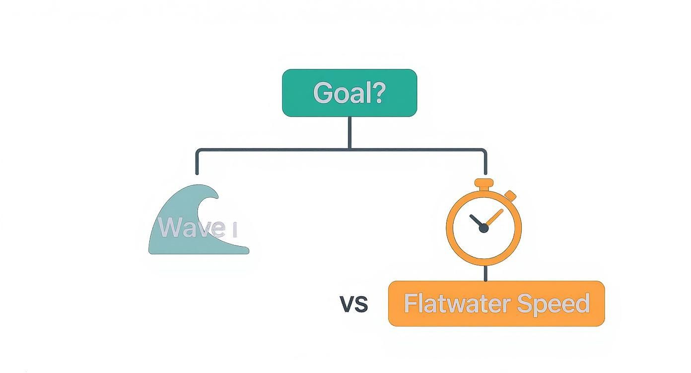 Infographic decision tree for stand up paddle board reviews, showing wave riding vs flatwater speed goals.