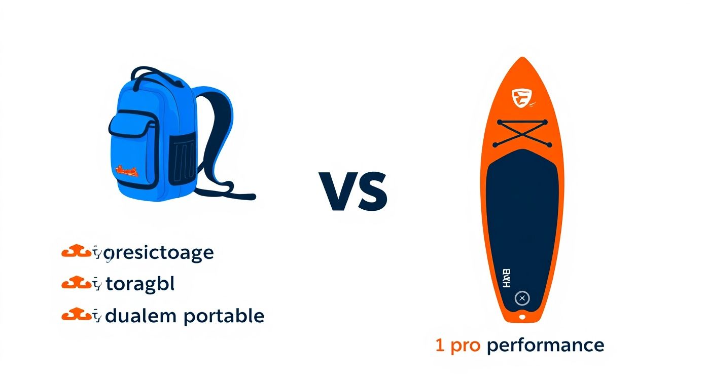 Infographic comparing the pros of inflatable paddle boards (storage, durability, portability) against the pros of hard paddle boards (performance)