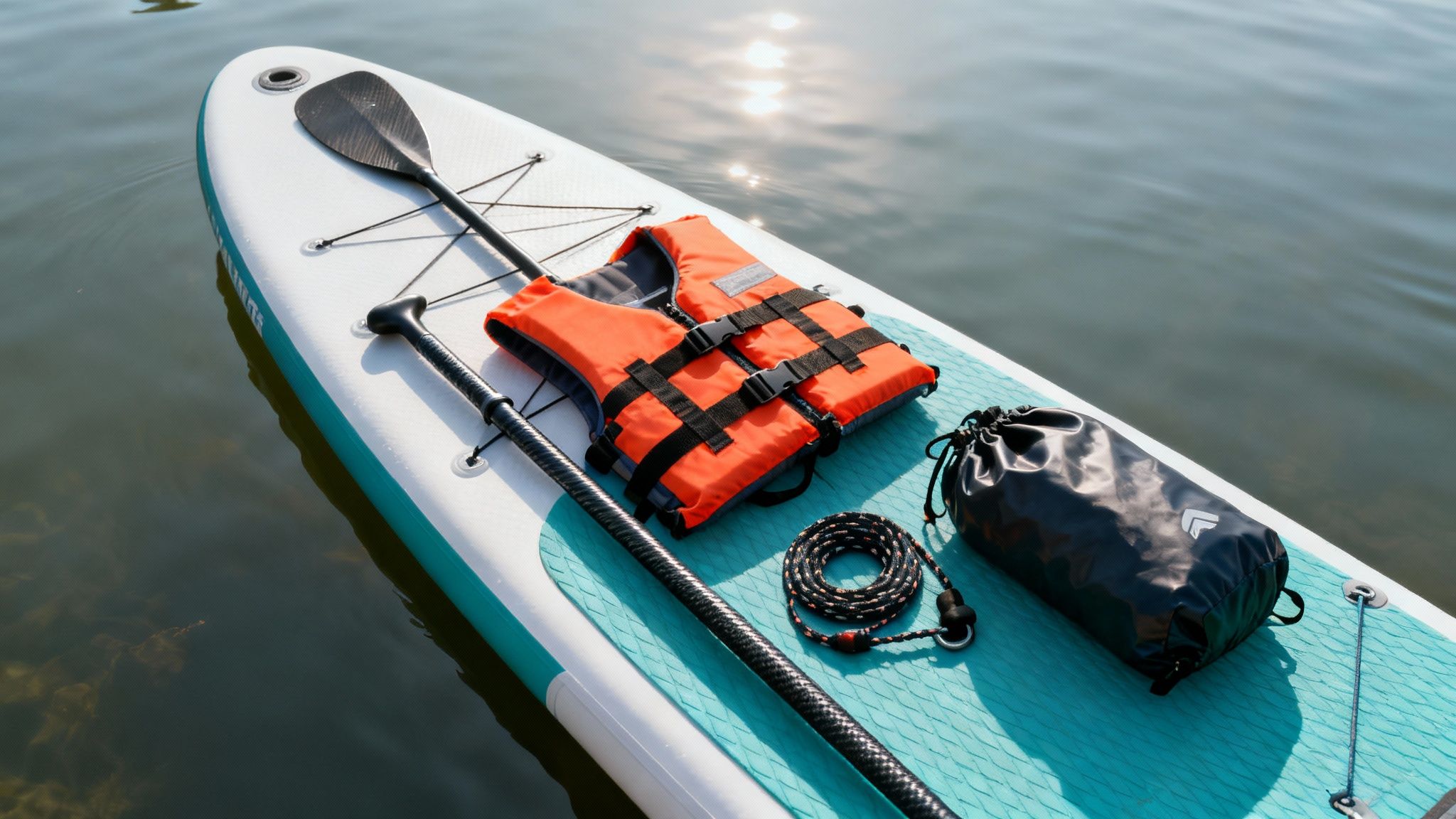Essential paddle boarding gear laid out ready for an adventure