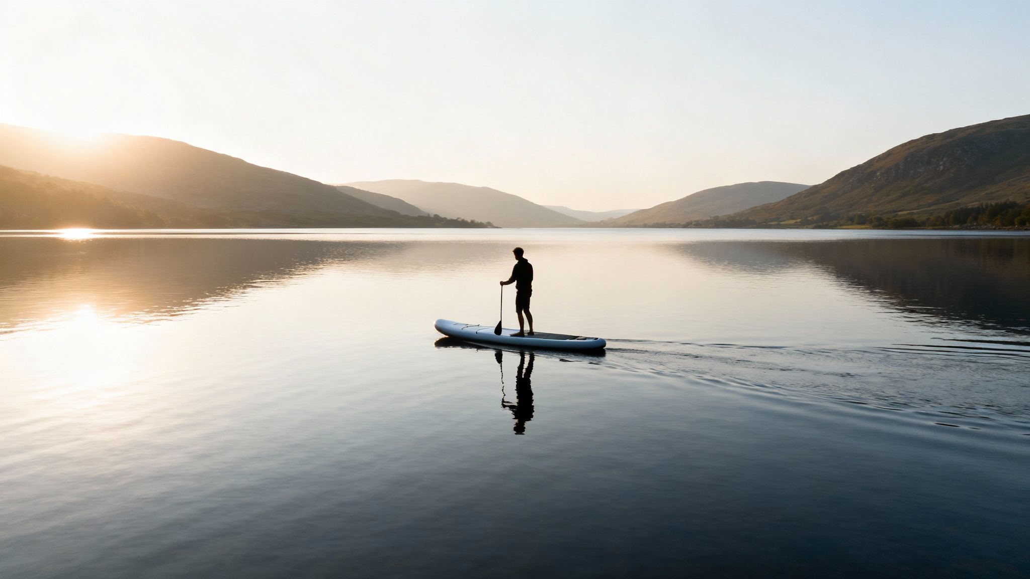 A person paddle boarding on calm UK waters at sunset.