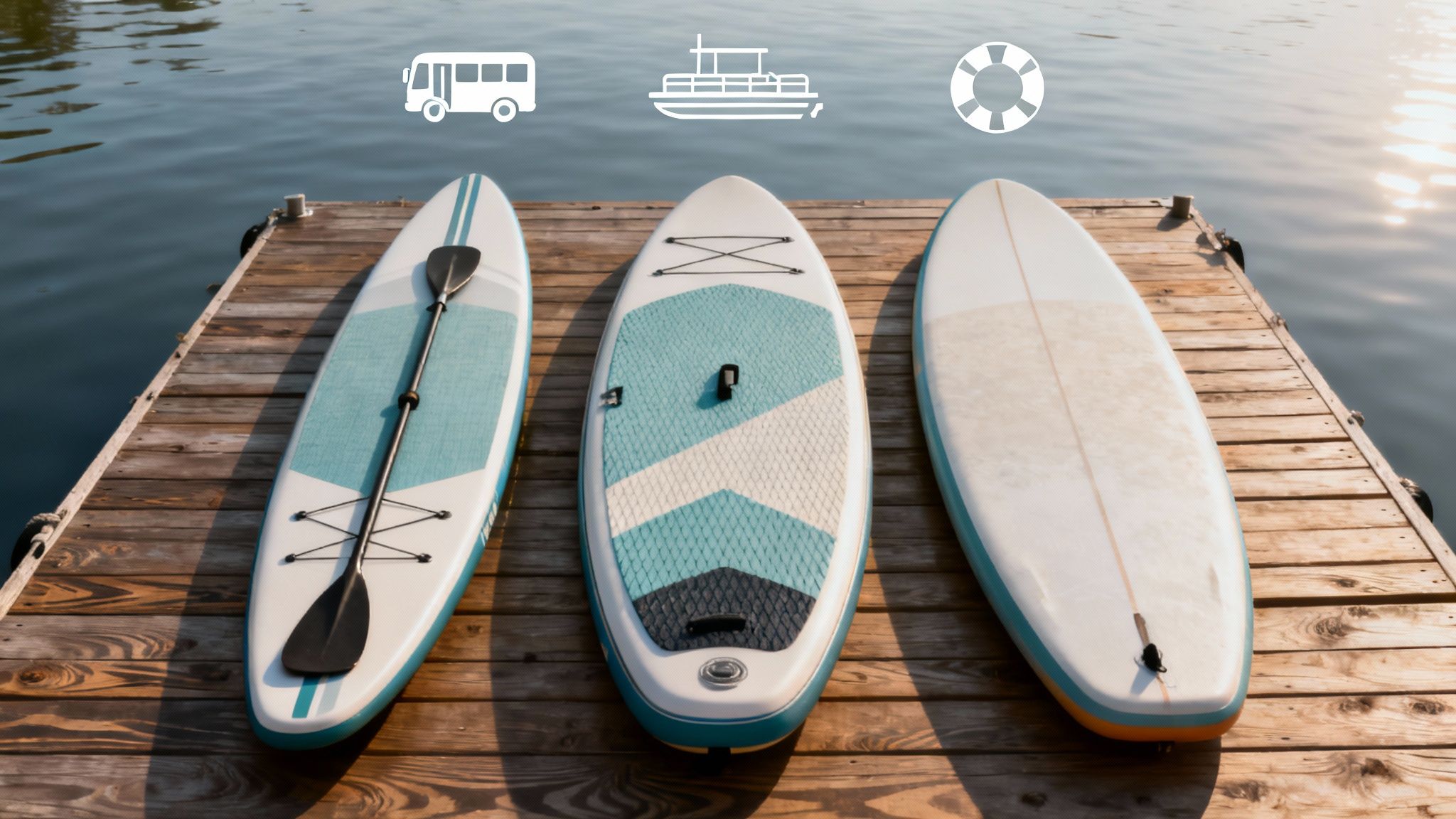 A close-up shot of the tail of a paddle board on the water, showing its fin and width