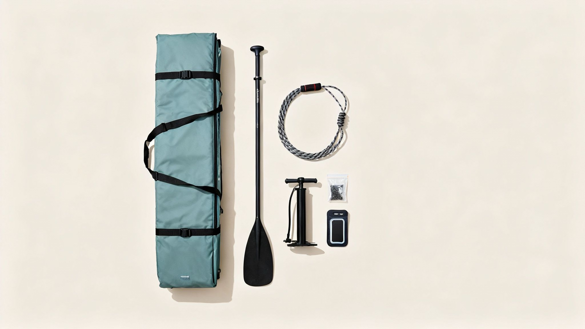 A complete beginner paddle board kit laid out on the grass, including board, paddle, pump, leash, and bag