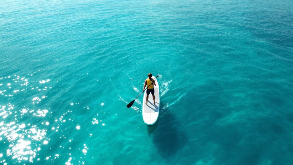 A person wearing a personal flotation device while paddle boarding on a calm river.