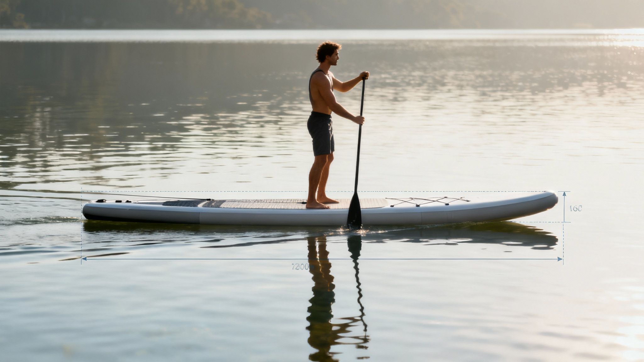 A person paddle boarding on calm water during a beautiful sunset