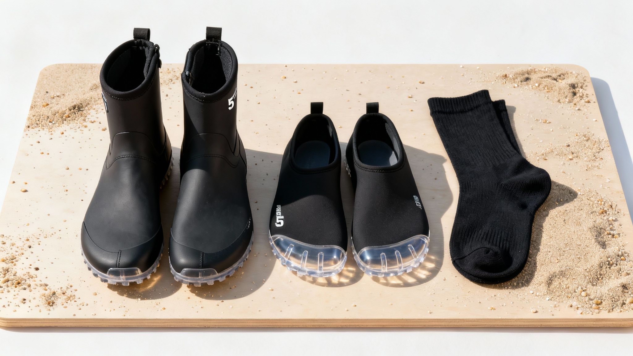Close-up of a person's feet in water shoes on a stand up paddle board