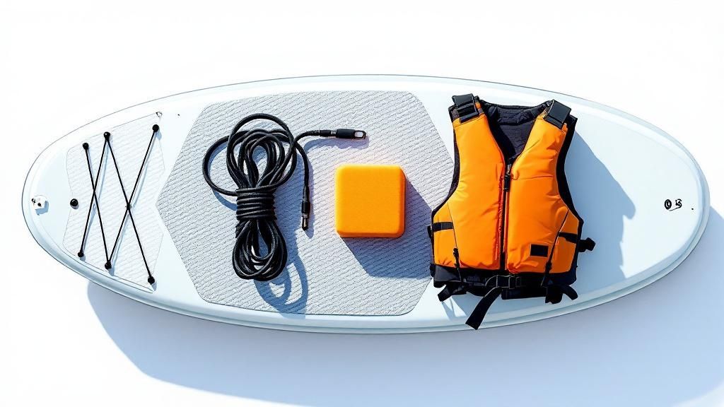 A group of paddle boarders on a river, all wearing personal flotation devices.